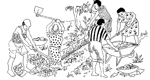 Membri della comunità nell'atto di scavare un fosso