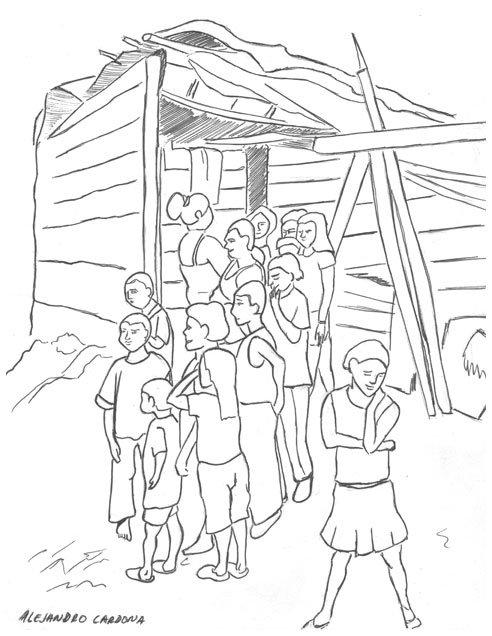 Eine Familie vor ihrer Hütte